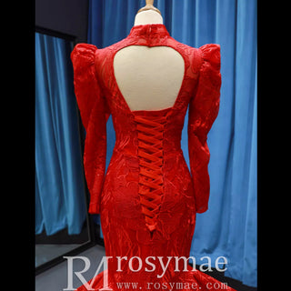 Sparkly Red Mermaid Lace Prom Dresses with Long Sleeves - Rosymae