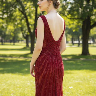 Sparkly Red Sequin Prom Dresses Mermaid V Neck Strapy Evening Dress - Rosymae