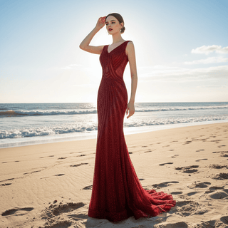 Sparkly Red Sequin Prom Dresses Mermaid V Neck Strapy Evening Dress - Rosymae