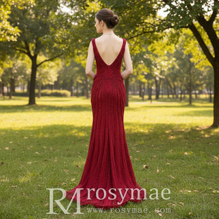 Sparkly Red Sequin Prom Dresses Mermaid V Neck Strapy Evening Dress - Rosymae