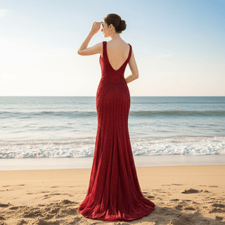 Sparkly Red Sequin Prom Dresses Mermaid V Neck Strapy Evening Dress - Rosymae