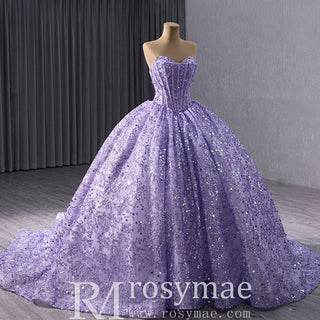 Sparkly Sequin Lace Puffy Skirt Quinceanera Dress with Sweetheart Neck - Rosymae