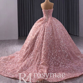 Sparkly Sequin Lace Puffy Skirt Quinceanera Dress with Sweetheart Neck - Rosymae