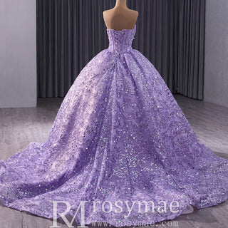Sparkly Sequin Lace Puffy Skirt Quinceanera Dress with Sweetheart Neck - Rosymae