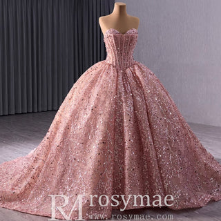 Sparkly Sequin Lace Puffy Skirt Quinceanera Dress with Sweetheart Neck - Rosymae