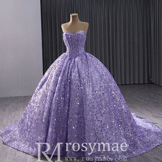 Sparkly Sequin Lace Puffy Skirt Quinceanera Dress with Sweetheart Neck - Rosymae
