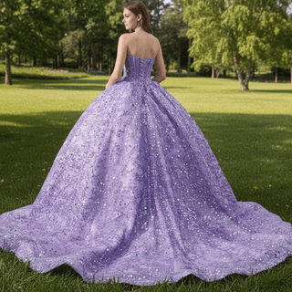 Sparkly Sequin Lace Puffy Skirt Quinceanera Dress with Sweetheart Neck - Rosymae