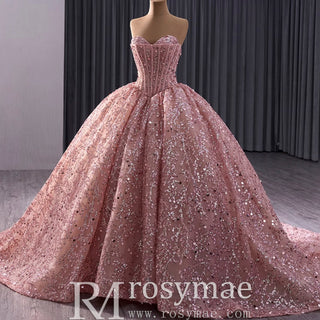 Sparkly Sequin Lace Puffy Skirt Quinceanera Dress with Sweetheart Neck - Rosymae