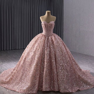 Sparkly Sequin Lace Puffy Skirt Quinceanera Dress with Sweetheart Neck - Rosymae