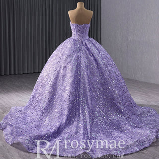 Sparkly Sequin Lace Puffy Skirt Quinceanera Dress with Sweetheart Neck - Rosymae