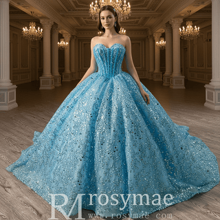 Sparkly Sequin Lace Puffy Skirt Quinceanera Dress with Sweetheart Neck - Rosymae