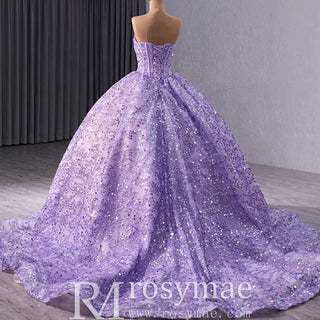 Sparkly Sequin Lace Puffy Skirt Quinceanera Dress with Sweetheart Neck - Rosymae