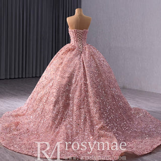 Sparkly Sequin Lace Puffy Skirt Quinceanera Dress with Sweetheart Neck - Rosymae