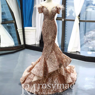 Sparkly Sequin Mermaid Prom Dress Brown Feather Pageant Gown - Rosymae
