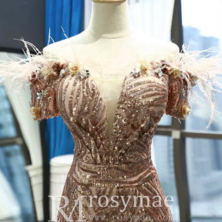 Sparkly Sequin Mermaid Prom Dress Brown Feather Pageant Gown - Rosymae