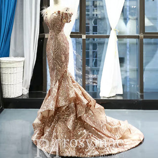 Sparkly Sequin Mermaid Prom Dress Brown Feather Pageant Gown - Rosymae