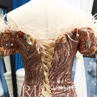 Sparkly Sequin Mermaid Prom Dress Brown Feather Pageant Gown - Rosymae