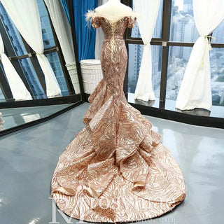 Sparkly Sequin Mermaid Prom Dress Brown Feather Pageant Gown - Rosymae