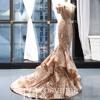 Sparkly Sequin Mermaid Prom Dress Brown Feather Pageant Gown - Rosymae