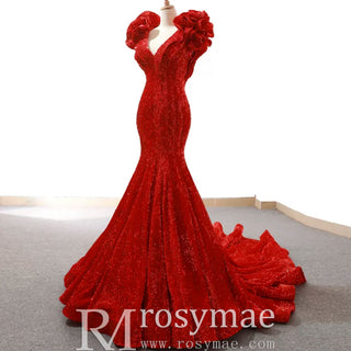 Sparkly Sequin Prom Dress Mermaid V Neck Evening Gown - Rosymae