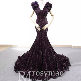 Sparkly Sequin Prom Dress Mermaid V Neck Evening Gown - Rosymae