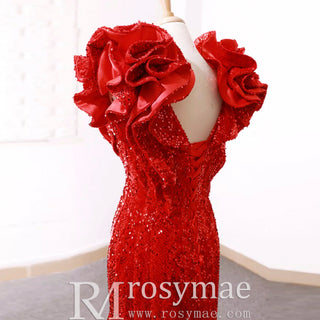 Sparkly Sequin Prom Dress Mermaid V Neck Evening Gown - Rosymae