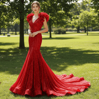 Sparkly Sequin Prom Dress Mermaid V Neck Evening Gown - Rosymae
