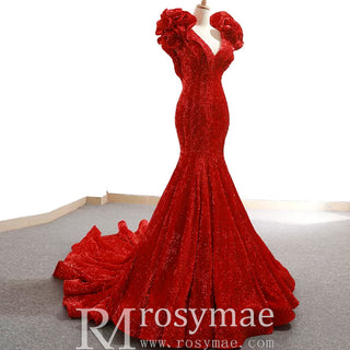Sparkly Sequin Prom Dress Mermaid V Neck Evening Gown - Rosymae