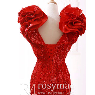 Sparkly Sequin Prom Dress Mermaid V Neck Evening Gown - Rosymae