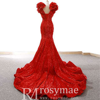 Sparkly Sequin Prom Dress Mermaid V Neck Evening Gown - Rosymae