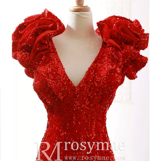 Sparkly Sequin Prom Dress Mermaid V Neck Evening Gown - Rosymae
