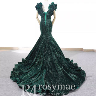 Sparkly Sequin Prom Dress Mermaid V Neck Evening Gown - Rosymae