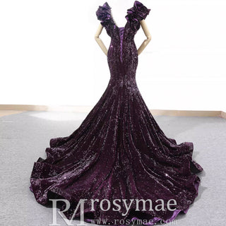 Sparkly Sequin Prom Dress Mermaid V Neck Evening Gown - Rosymae
