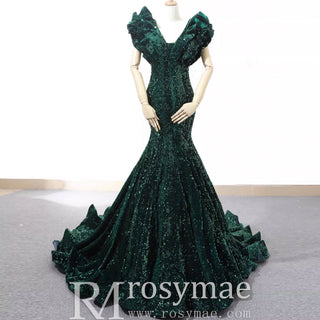 Sparkly Sequin Prom Dress Mermaid V Neck Evening Gown - Rosymae