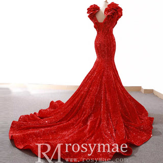 Sparkly Sequin Prom Dress Mermaid V Neck Evening Gown - Rosymae