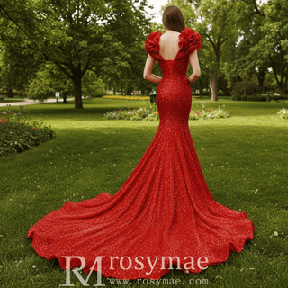 Sparkly Sequin Prom Dress Mermaid V Neck Evening Gown - Rosymae