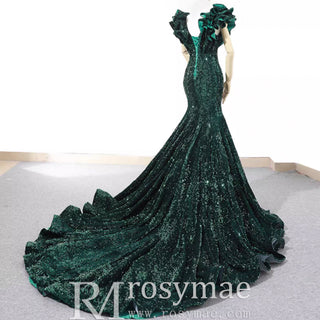 Sparkly Sequin Prom Dress Mermaid V Neck Evening Gown - Rosymae