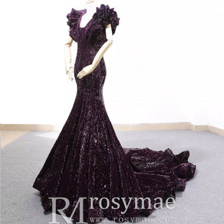 Sparkly Sequin Prom Dress Mermaid V Neck Evening Gown - Rosymae