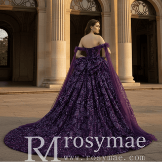 Sparkly Sequin Purple Wedding Dress with Off Shoulder Quinceanera Gown