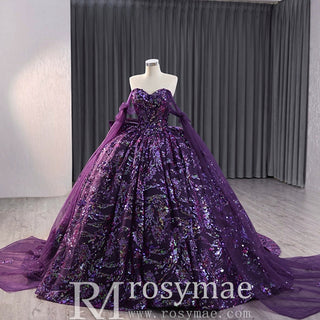 Sparkly Sequin Purple Wedding Dress with Off Shoulder Quinceanera Gown - Rosymae