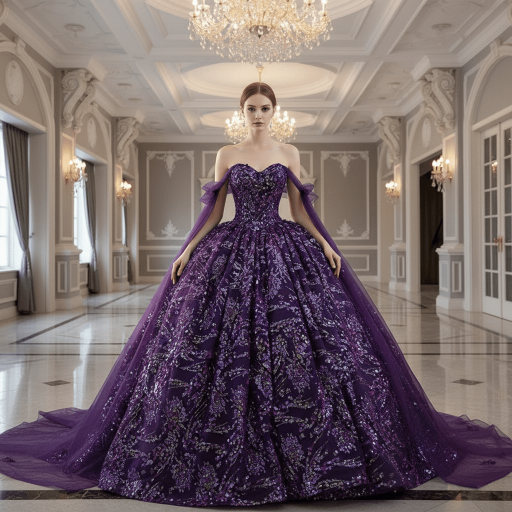 Sparkly Sequin Purple Wedding Dress with Off Shoulder Quinceanera Gown