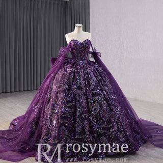 Sparkly Sequin Purple Wedding Dress with Off Shoulder Quinceanera Gown - Rosymae