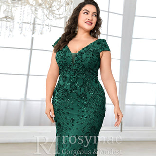 Sparkly Sequined Plus Size Mermaid Long Mother of the Bride Dress - Rosymae
