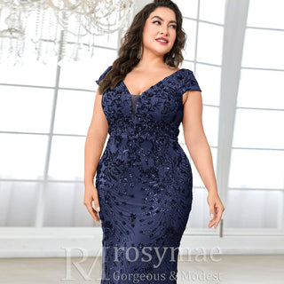 Sparkly Sequined Plus Size Mermaid Long Mother of the Bride Dress - Rosymae