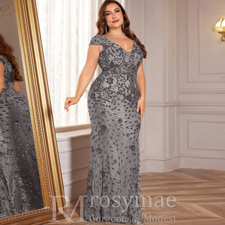 Sparkly Sequined Plus Size Mermaid Long Mother of the Bride Dress - Rosymae