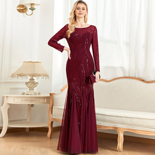 Sparkly Sequins Evening Dress Long Sleeves Wedding Party Maxi Dress - Rosymae