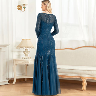Sparkly Sequins Evening Dress Long Sleeves Wedding Party Maxi Dress - Rosymae