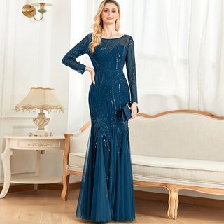 Sparkly Sequins Evening Dress Long Sleeves Wedding Party Maxi Dress - Rosymae