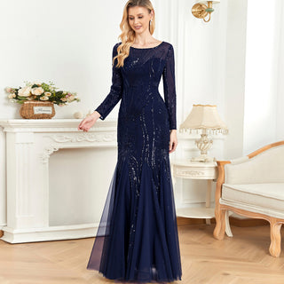 Sparkly Sequins Evening Dress Long Sleeves Wedding Party Maxi Dress - Rosymae