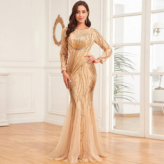 Sparkly Sequins Evening Dress Long Sleeves Wedding Party Maxi Dress - Rosymae